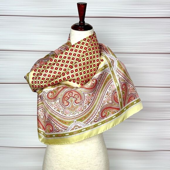 Liberty Silk Twill Yellow Red Paisley Red Square Scarf Hand Rolled Italy - Picture 5 of 13